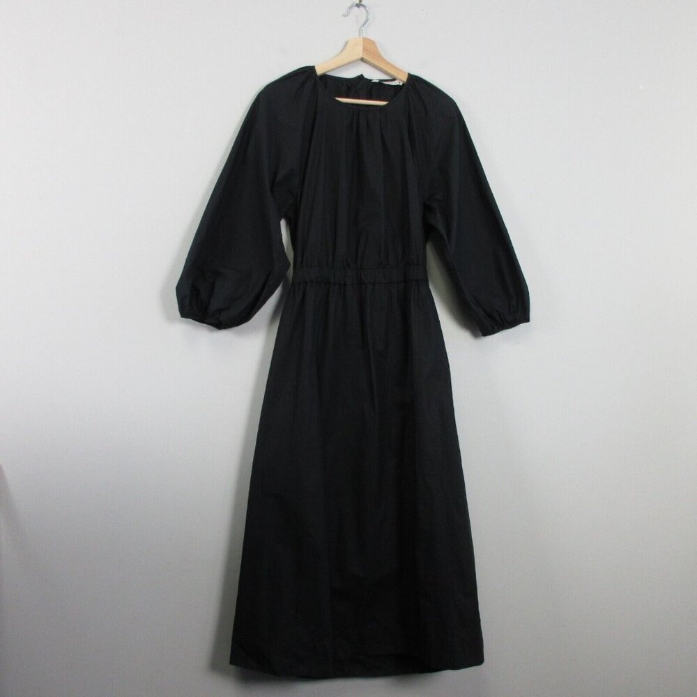 Zara Black Cutout Back Cotton Poplin Midi Dress Large Black Balloon Sleeve 364